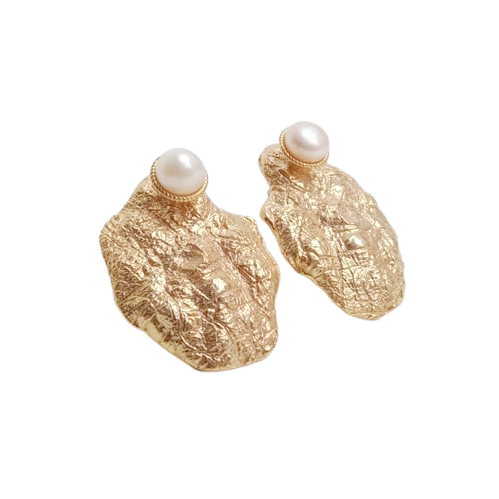 Vintage Textured Gold-Plated Pearl Studs