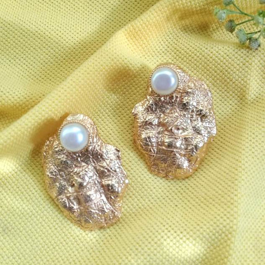Vintage Textured Gold-Plated Pearl Studs